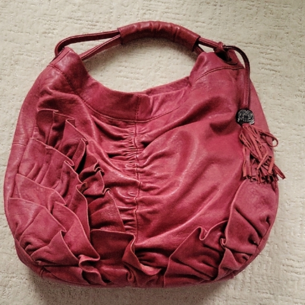 Vince Camuto Pink Red Soft Leather Ruched Hobo Slouchy Feminine